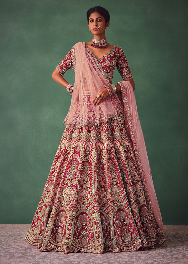 Raw Silk Red Bridal Embroidered Lehenga Set