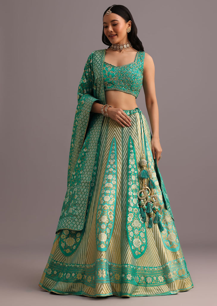 Aqua Green Embroidered Choli With Banarasi Weave Lehenga And Dupatta