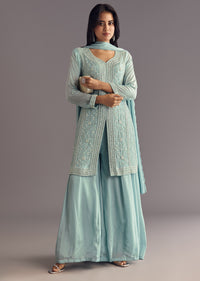Sky Blue Chinon Kurta Dupatta Set With Moti And Cutdana Work