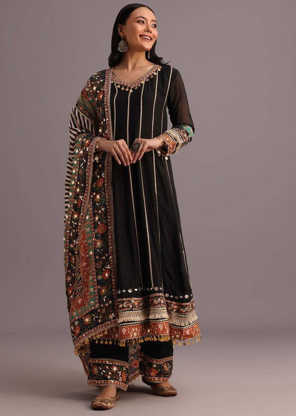 Black Gotta Work Anarkali Suit With Printed Dupatta