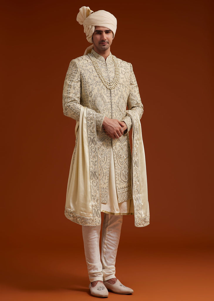 Faun Sherwani Set With Zardosi And Butti Work