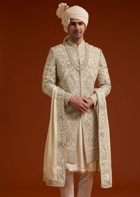 Faun Sherwani Set With Zardosi And Butti Work