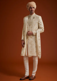 Beige Sherwani Set With Dori And Thread Work