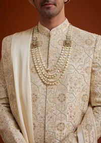 Beige Sherwani Set With Dori And Thread Work