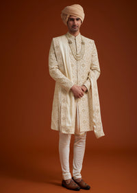 Beige Sherwani Set With Dori And Thread Work