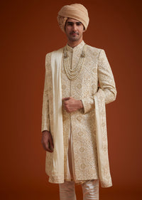 Beige Sherwani Set With Dori And Thread Work