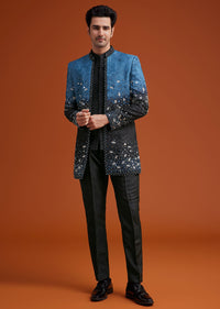 Blue To Black Ombre Indo Jacket Set With Mirror And Sequin Embellishments