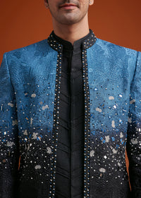 Blue To Black Ombre Indo Jacket Set With Mirror And Sequin Embellishments