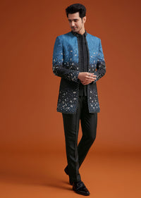 Blue To Black Ombre Indo Jacket Set With Mirror And Sequin Embellishments