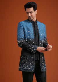 Blue To Black Ombre Indo Jacket Set With Mirror And Sequin Embellishments