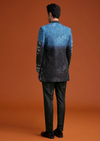 Blue To Black Ombre Indo Jacket Set With Mirror And Sequin Embellishments