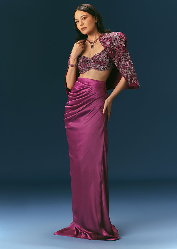 Purple Embroidered Blouse With Jacket And Draped Skirt