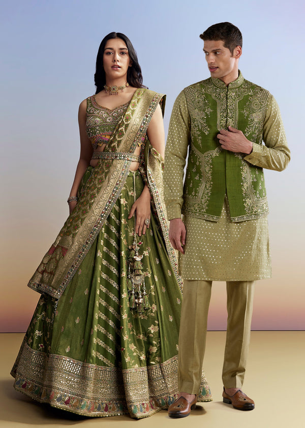 Green Celebration Duo – Tissue Bridesmaid Lehenga For Her And Chanderi Jacket Kurta Set For Him