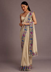 Cream Tussar Saree With Floral Embroidered Border