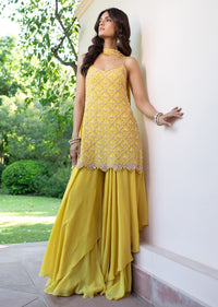 Yellow Sequin Hand Work Sharara Suit With Embroidered Choker Dupatta