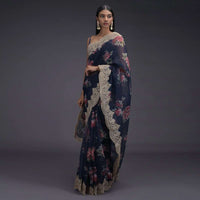 Navy Blue Saree In Organza With Printed Floral Motifs And Scalloped Zari Lace On The Border Online - Kalki Fashion