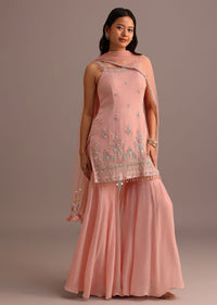 Pink Embroidered Kurti Sharara Suit With Net Dupatta
