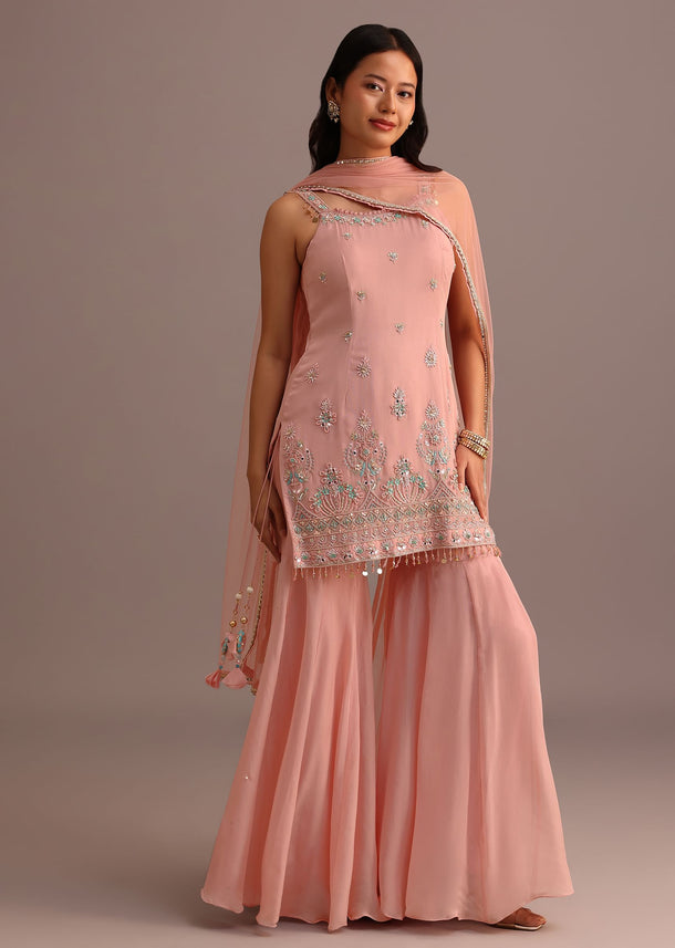 Pink Embroidered Kurti Sharara Suit With Net Dupatta