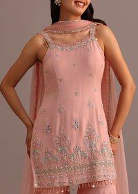 Pink Embroidered Kurti Sharara Suit With Net Dupatta