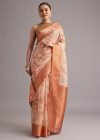 Light Yellow Tissue Silk Floral Printed Saree With Zari Woven Border