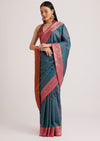 Peacock Blue Silk Saree With Constrat Border Pallu
