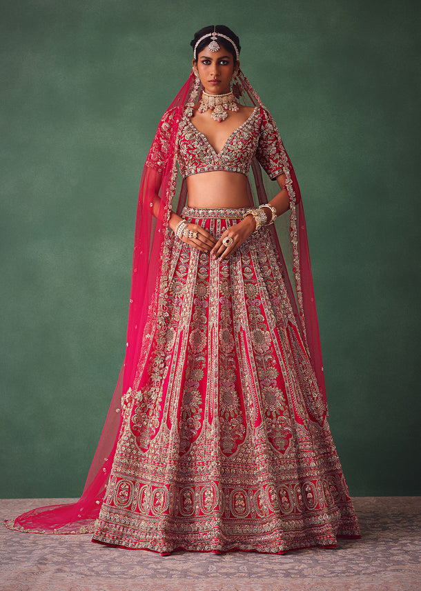 Raw Silk Red Bridal Lehenga With Scallop Dupatta