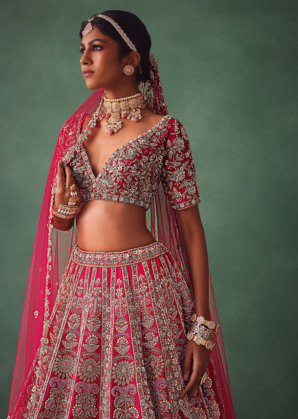 Raw Silk Red Bridal Lehenga With Scallop Dupatta