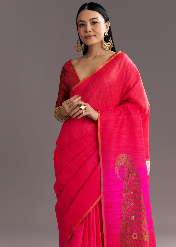 Rani Pink Kora Silk Handloom Saree With Woven Motif