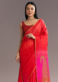 Pink Red Kora Silk Handloom Saree With Woven Traditional Motif