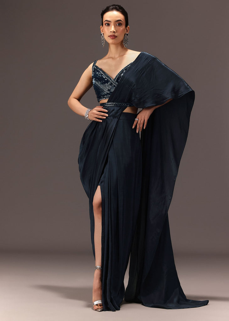 Navy Blue Pre Draped Saree With Sequin Blouse And Belt