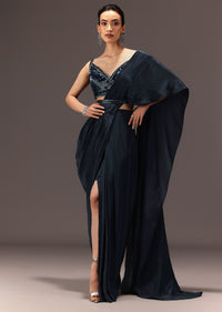 Navy Blue Pre Draped Saree With Sequin Blouse And Belt