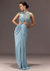 Sky Blue Semi Stitched Saree With Embroidered Blouse