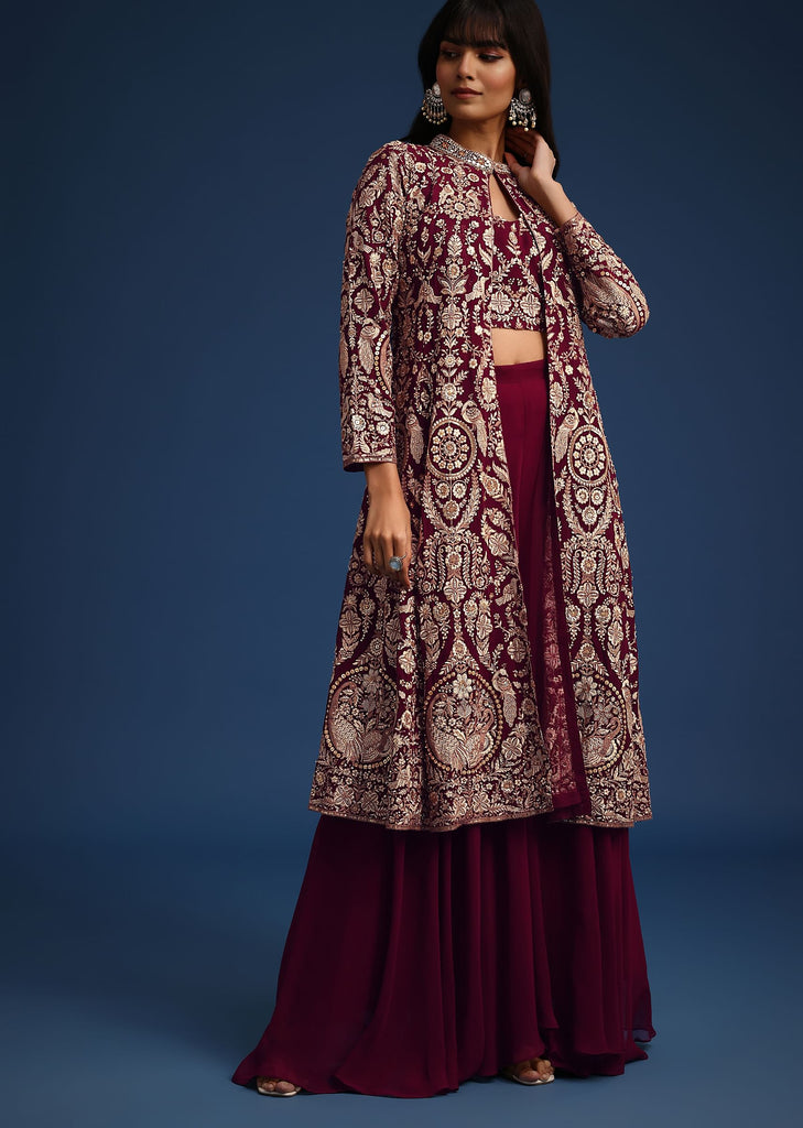 Wine Resham Work Crop Top Set With Embroidered Jacket