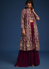 Wine Resham Work Crop Top Set With Embroidered Jacket