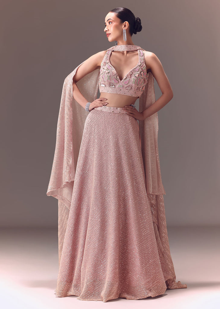 Onion Pink Sequin Embellished Lehenga Set With Choker Dupatta