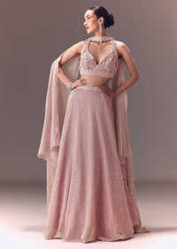 Onion Pink Sequin Embellished Lehenga Set With Choker Dupatta