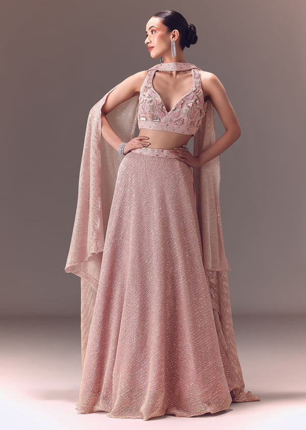 Onion Pink Sequin Embellished Lehenga Set With Choker Dupatta