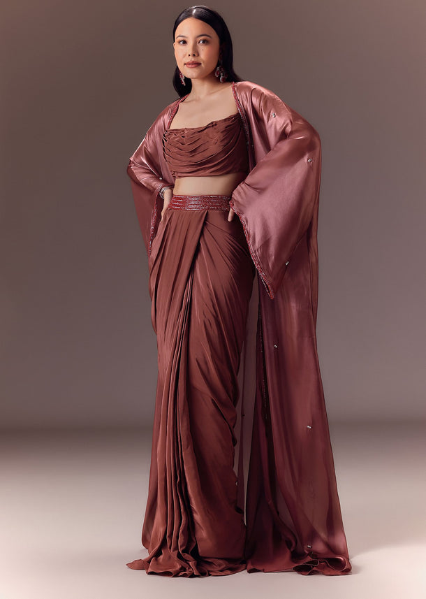 Maroon Organza Cowl Blouse With Jacket And Draped Skirt