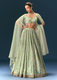 Coral Green Hand Embellished Lehenga Set In Organza Satin