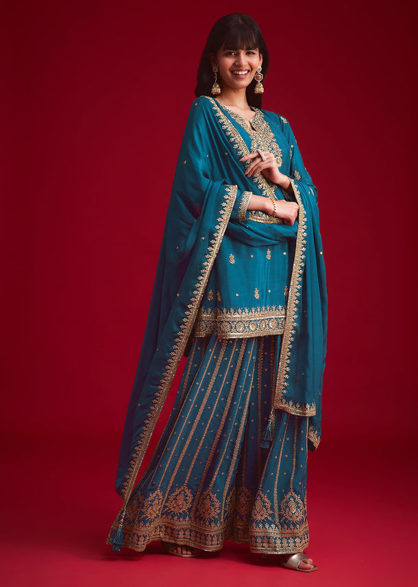 Teal blue Zari Embroidered Kurta Palazzo With Butti Work Dupatta