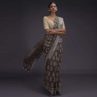 Ash Grey Saree In Linen With Batik Printed Buttis And Zari Weaved Border Online - Kalki Fashion