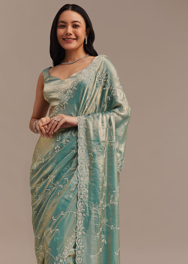Peacock Blue Tissue Silk Saree Embellished With Stones All Over