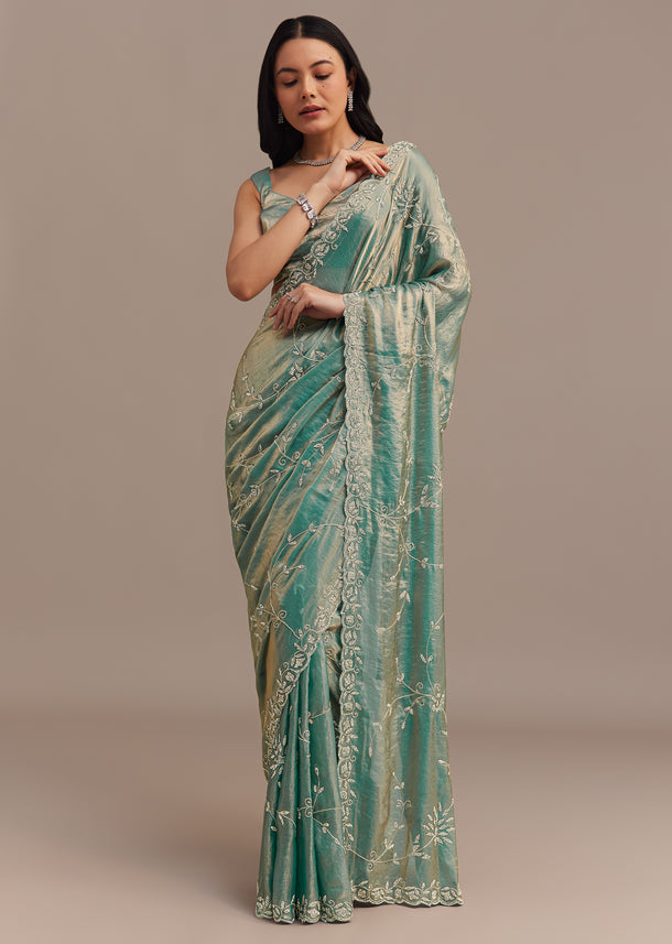 Peacock Blue Tissue Silk Saree Embellished With Stones All Over
