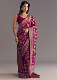 Wine Dola Silk Saree With Zari Jaal And Border Work