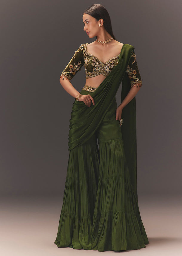 Seaweed Green Hand Embroidered Drape Pallu Style Sharara Set