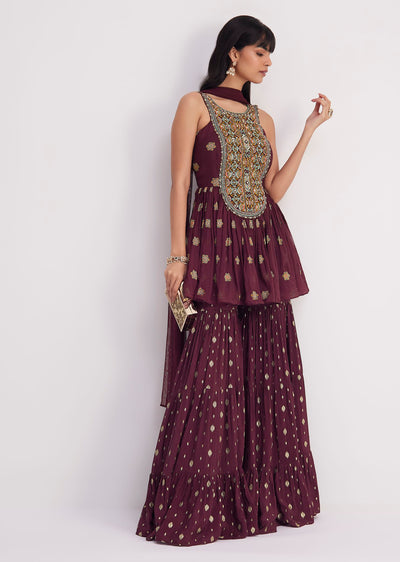 Wine Zari Threadwork Kurta Sharara With Dupatta