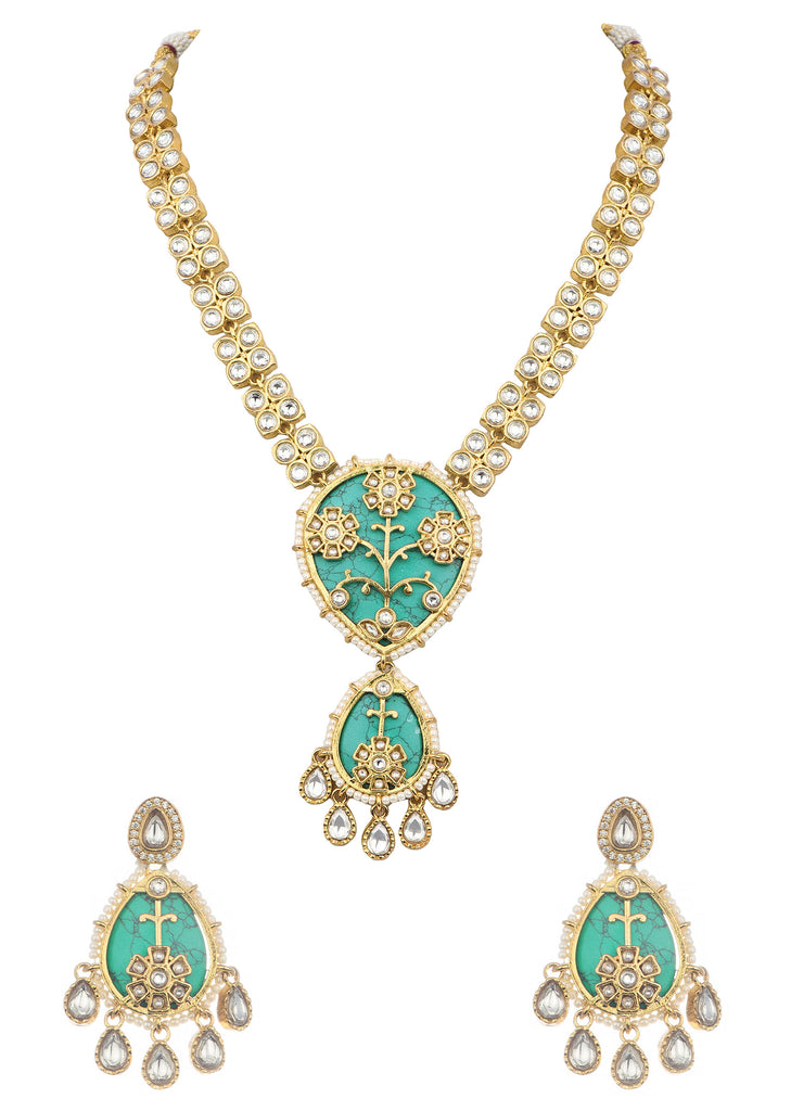 Turquoise And Gold Uncut Polki Necklace Set