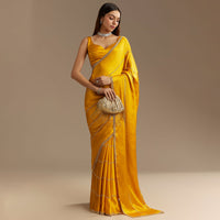 Yellow Chinon Saree With Cutdana Embroidery