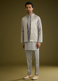 Grey Banarsi Silk Kurta Jacket Set With Hand Work