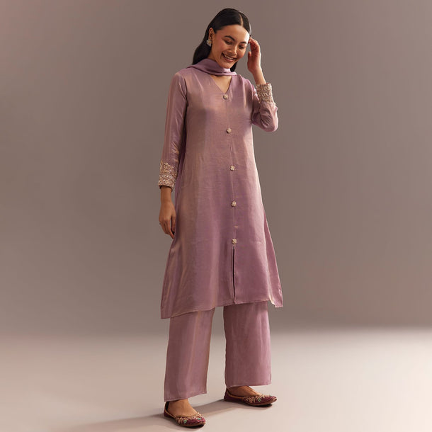 Lavender Tissue Embroidered Kurta Pant With Organza Dupatta